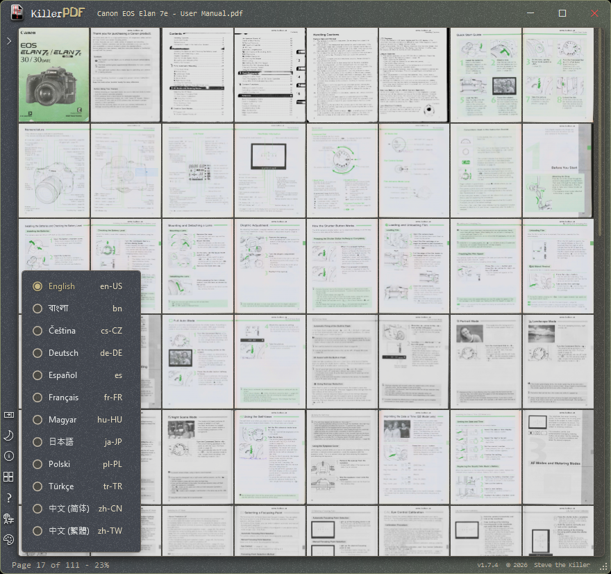 MmdPdf showing a 111-page camera manual in Grid view with the language flyout open, in the Decay theme with the menu bar hidden
