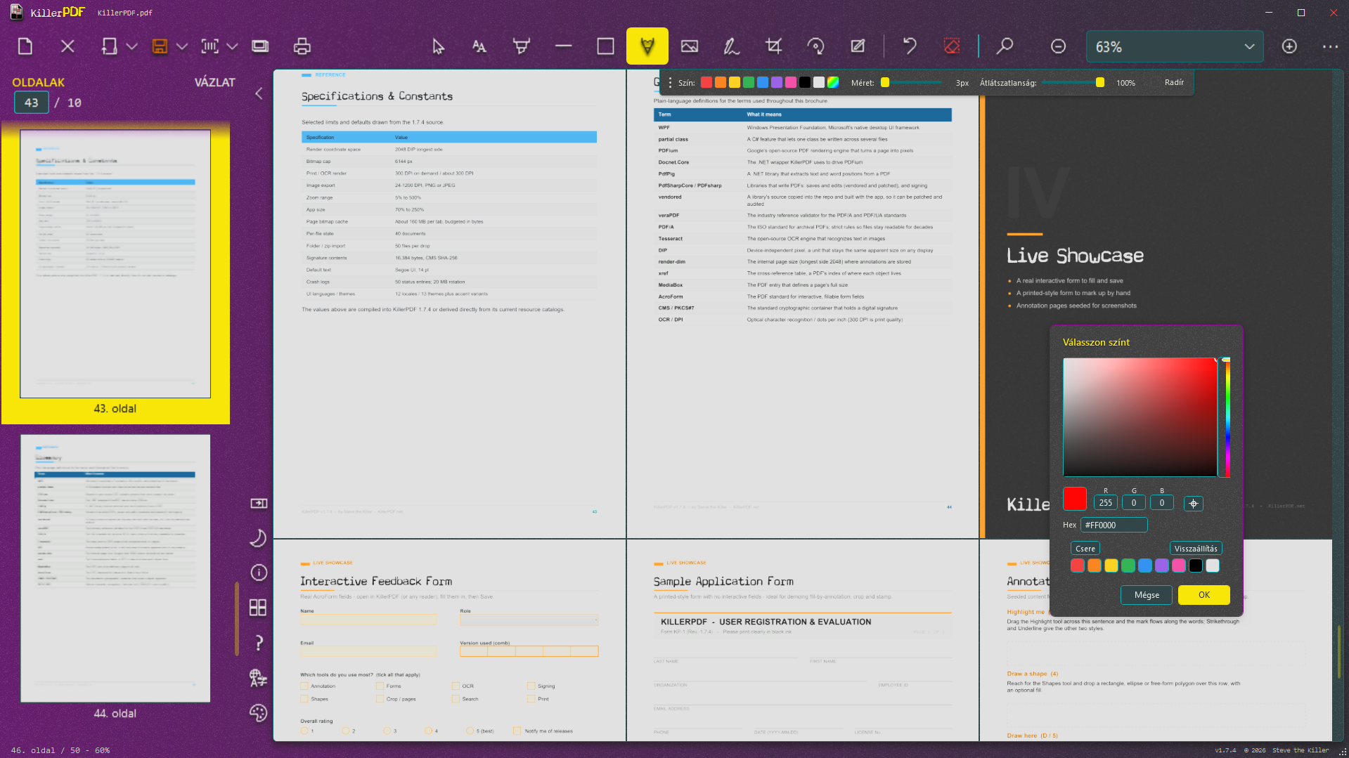 MmdPdf showing its drawing controls, custom color picker, and interactive form pages in Grid view