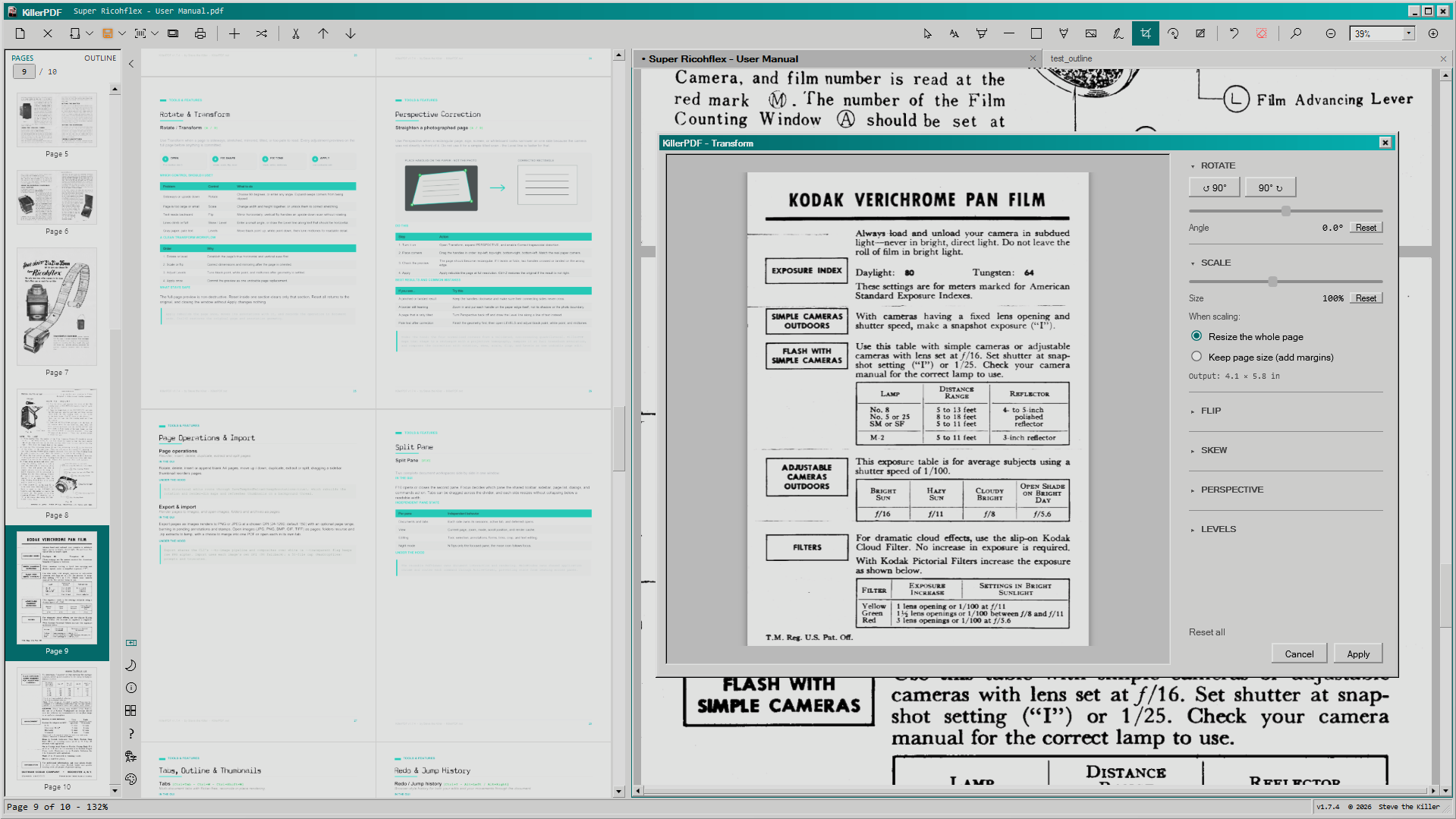 MmdPdf using split-pane view with a 98SE-themed Transform preview open over a scanned camera manual