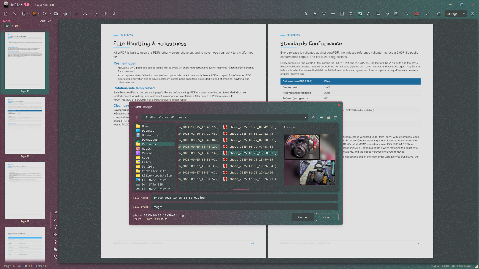 MmdPdf showing its themed image picker with a large thumbnail preview over a two-page document view